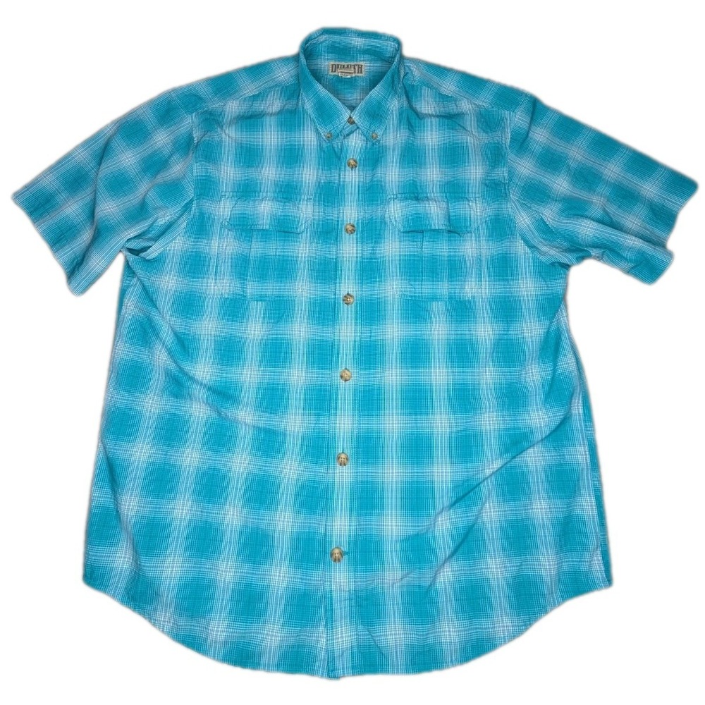 Duluth Trading Shirt Men's XL Blue Plaid Short Sleeve Button Up Nylon Fishing